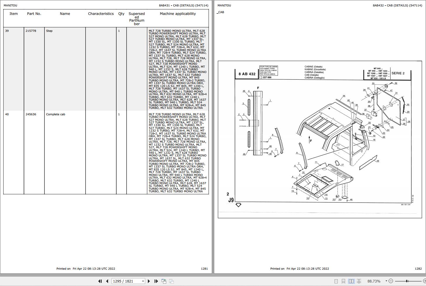 Manitou Telehandler MLT 728 TURBO Parts Catalog 547047