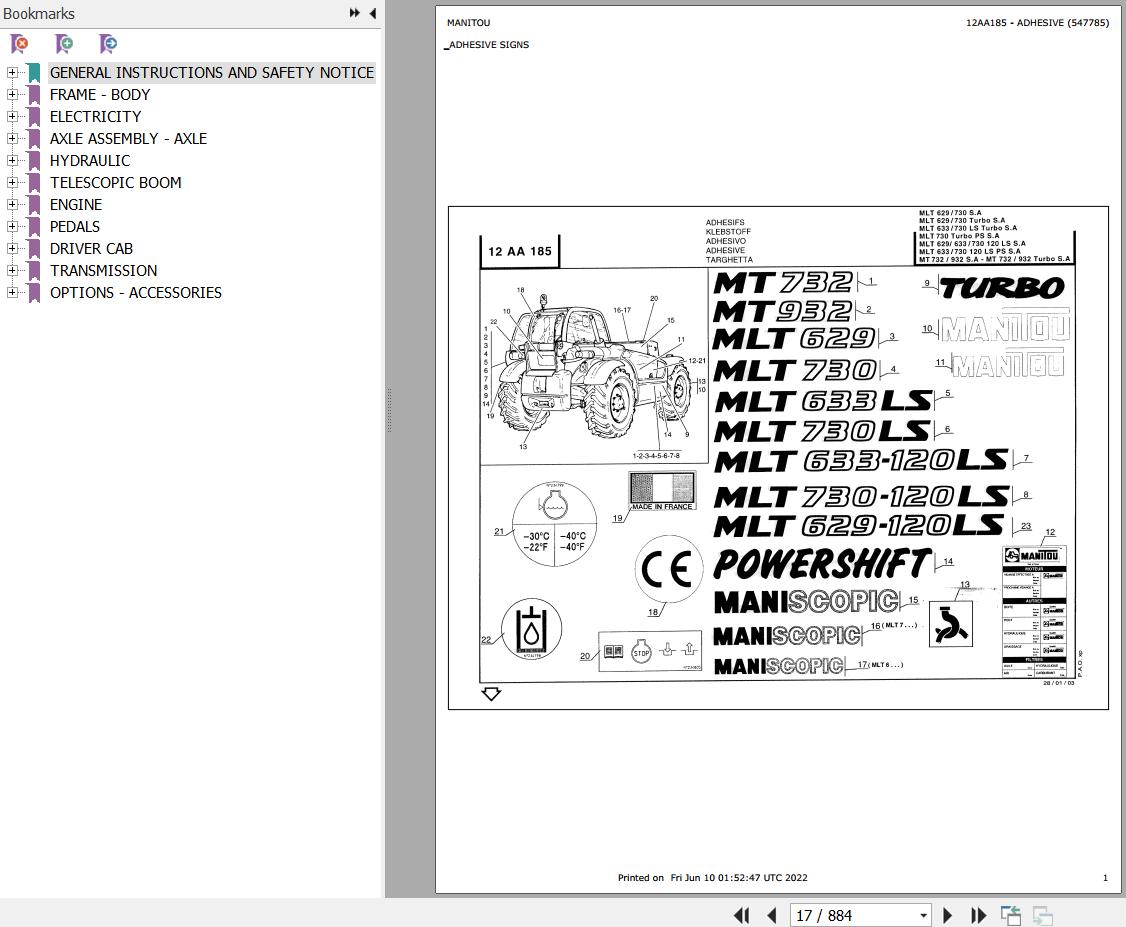 Manitou Telehandler MLT 730 120 LS SA Parts Catalog 547785