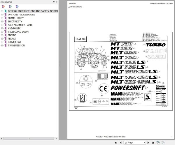 Manitou Telehandler MLT 730 LS TURBO SA Parts Catalog 547785