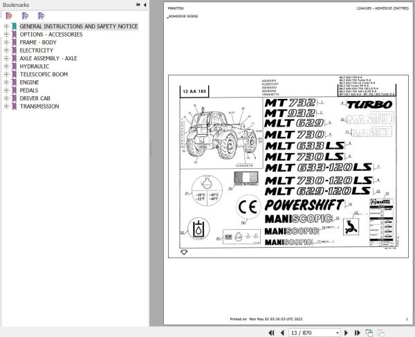 Manitou Telehandler MLT 730 SA Parts Catalog 547785