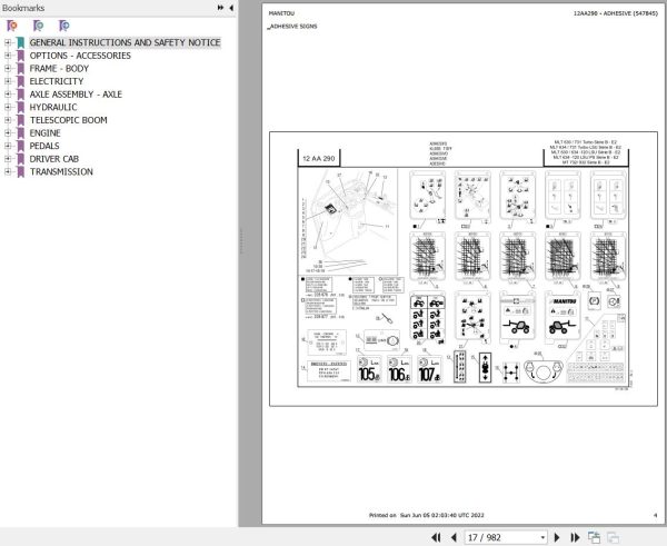 Manitou Telehandler MLT 731 TURBO LSU SB E2 Parts Catalog 547845