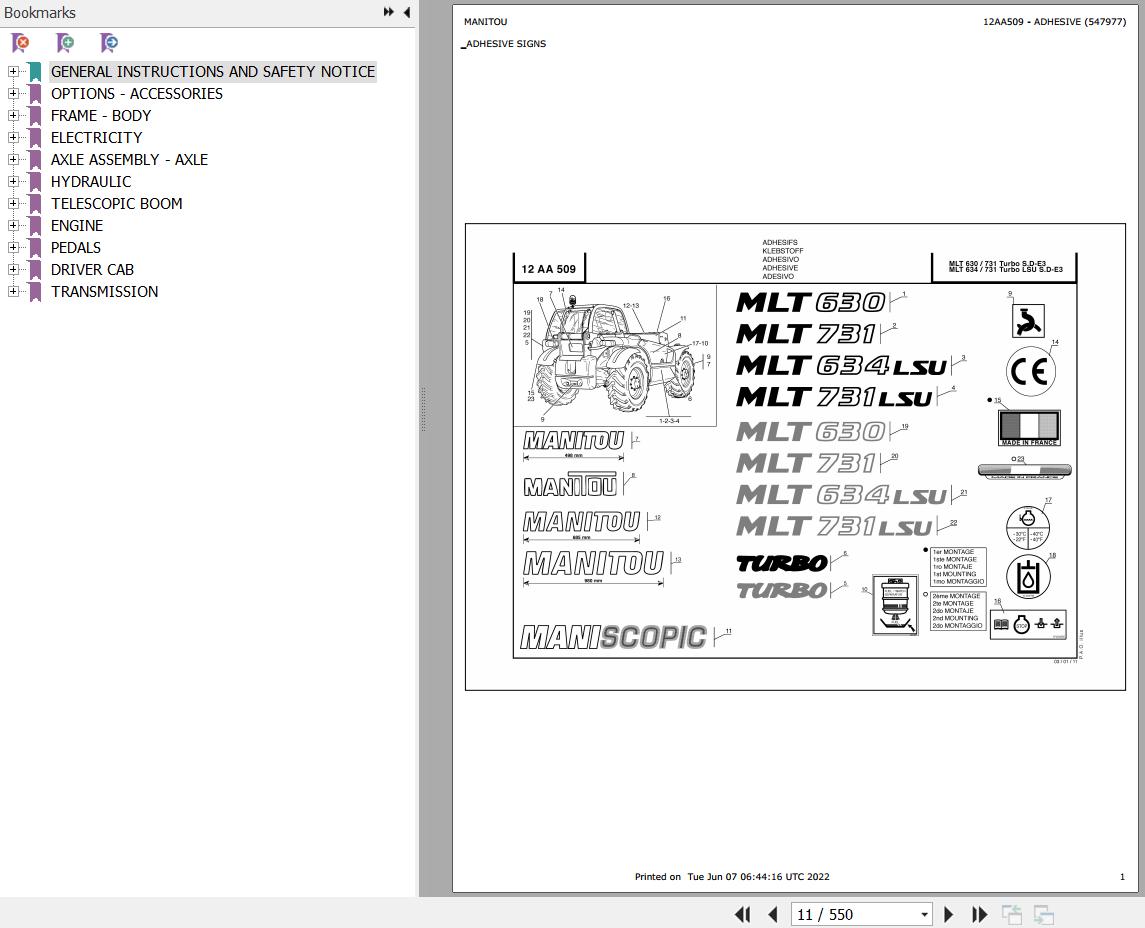 Manitou Telehandler MLT 731 TURBO LSU SD E3 Parts Catalog 547977