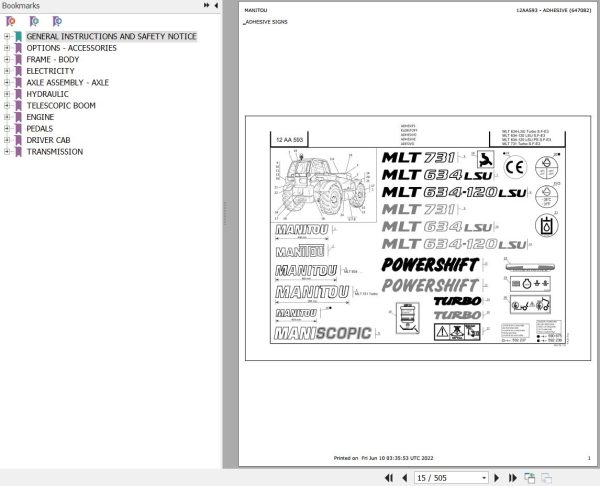 Manitou Telehandler MLT 731 TURBO SF E3 Parts Catalog 647082
