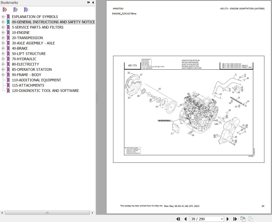 Manitou Telehandler MLT 733 105 D ST4 S1 Parts Catalog 647599