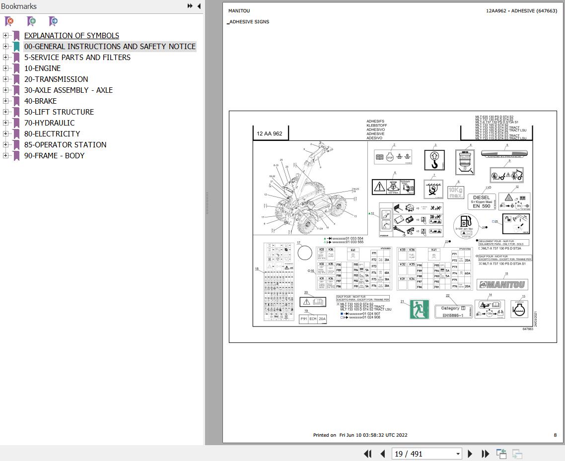 Manitou Telehandler MLT 733 105 D ST4 S2 TRACT Parts Catalog 647663
