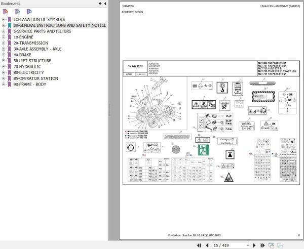 Manitou Telehandler MLT 733 115 D ST5 S1 Parts Catalog 647832