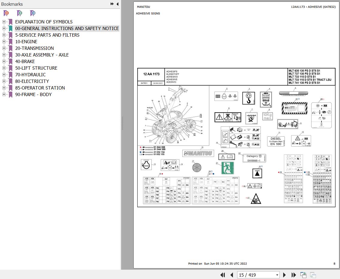 Manitou Telehandler MLT 733 115 D ST5 S1 Parts Catalog 647832