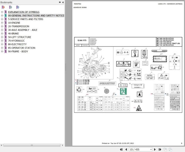 Manitou Telehandler MLT 733 115 D ST5 S1 TRACT LSU Parts Catalog 647832