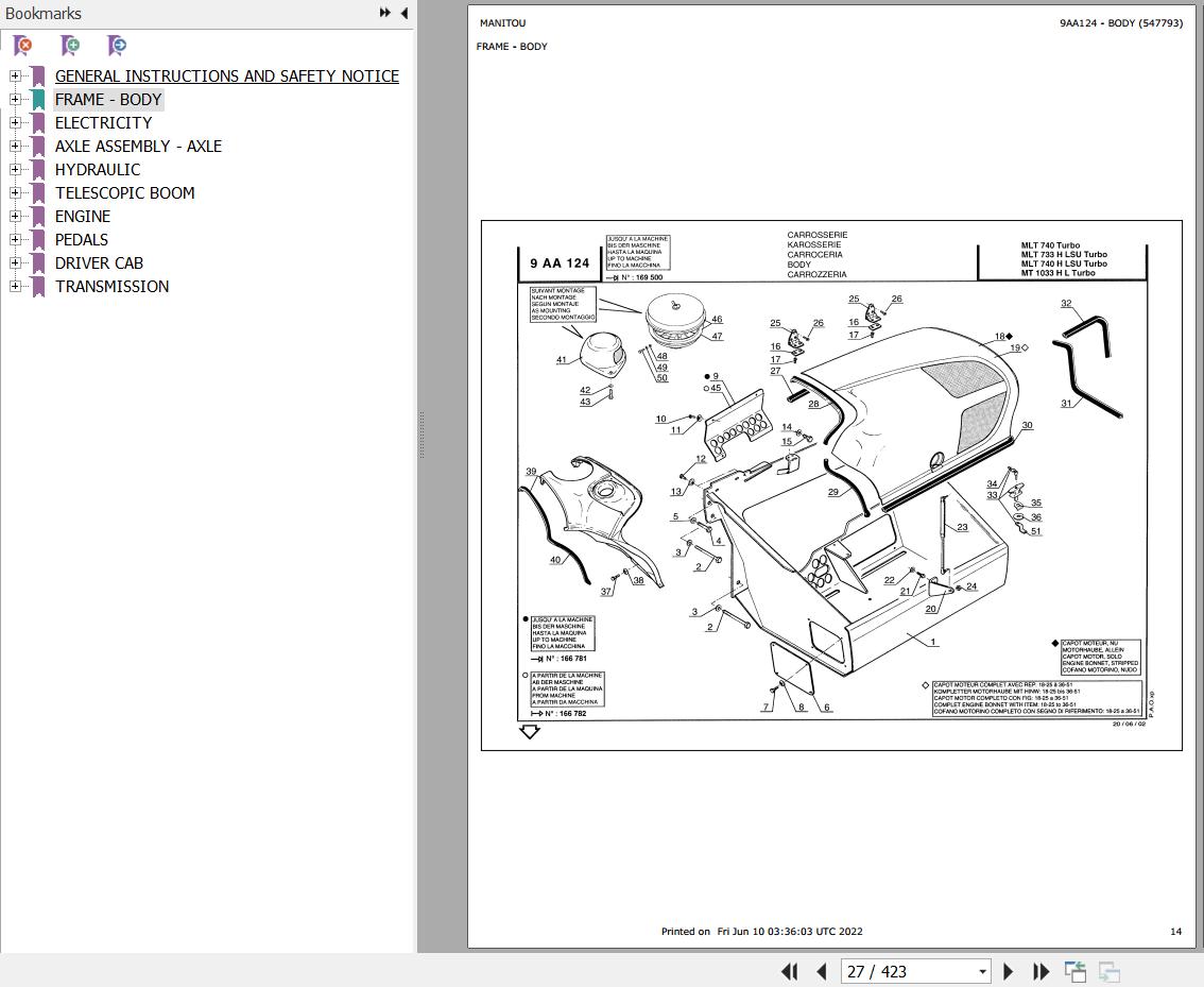 Manitou Telehandler MLT 733 H LSU TURBO Parts Catalog 547793