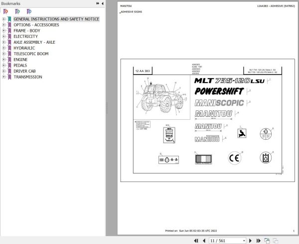 Manitou Telehandler MLT 735 120 LSU POWERSHIFT S2 E2 Parts Catalog 547852