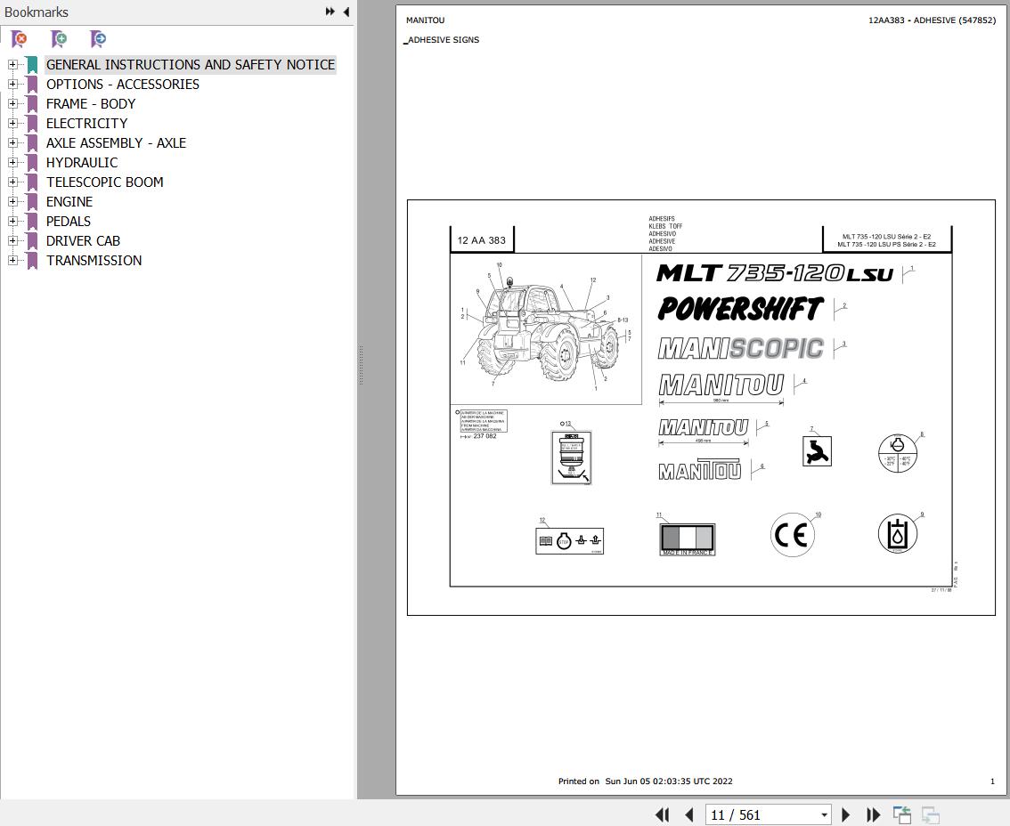 Manitou Telehandler MLT 735 120 LSU POWERSHIFT S2 E2 Parts Catalog 547852