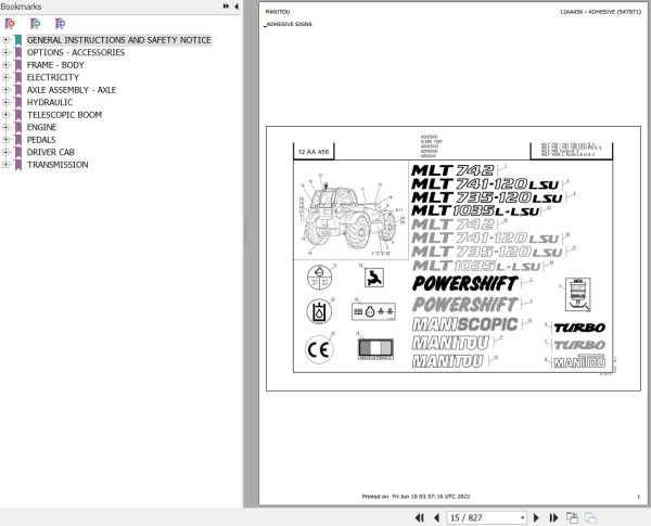 Manitou Telehandler MLT 735 120 LSU POWERSHIFT S3 E2 Parts Catalog 547971