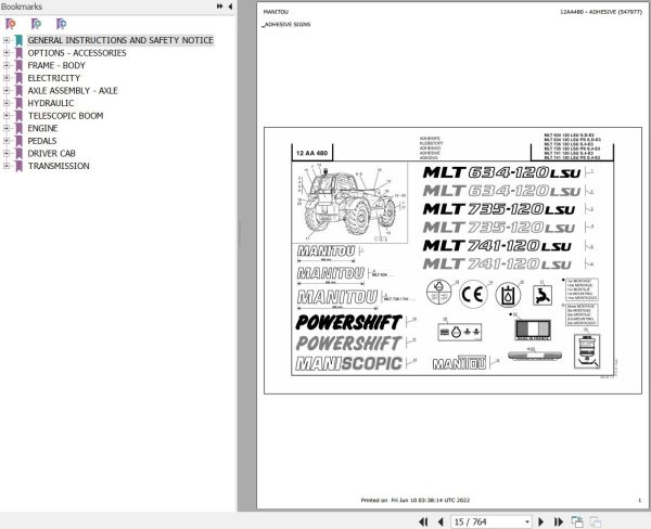 Manitou Telehandler MLT 735 120 LSU POWERSHIFT S4 E3 Parts Catalog 547977