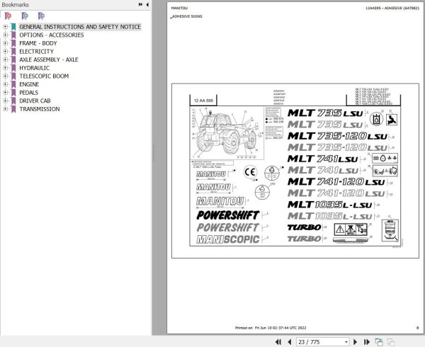 Manitou Telehandler MLT 735 120 LSU POWERSHIFT S6 E3 Parts Catalog 647082