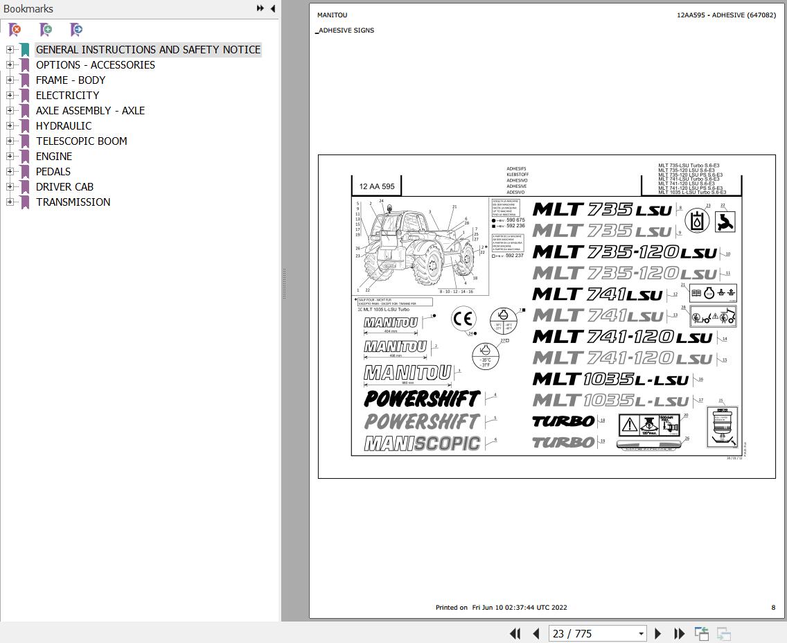 Manitou Telehandler MLT 735 120 LSU POWERSHIFT S6 E3 Parts Catalog 647082