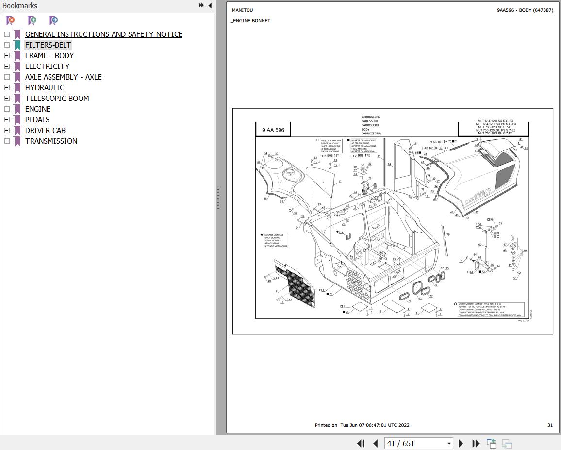Manitou Telehandler MLT 735 120 LSU POWERSHIFT S7 E3 Parts Catalog 647387