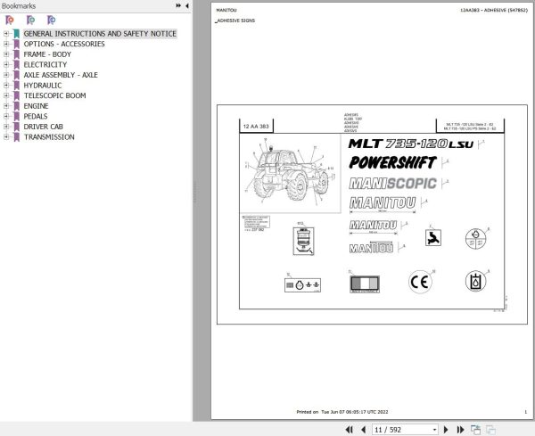 Manitou Telehandler MLT 735 120 LSU S2 E2 Parts Catalog 547852