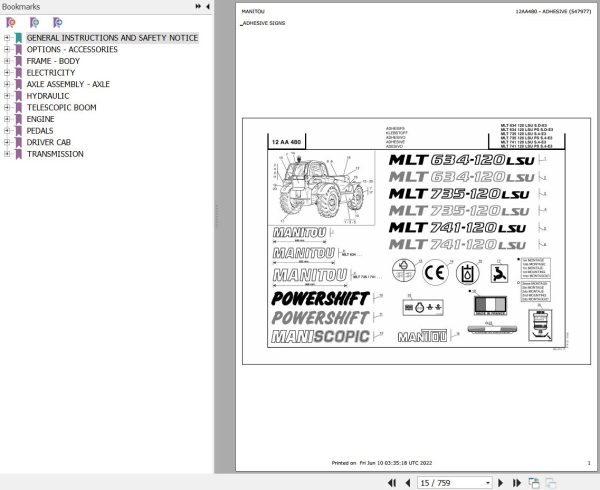 Manitou Telehandler MLT 735 120 LSU S4 E3 Parts Catalog 547977
