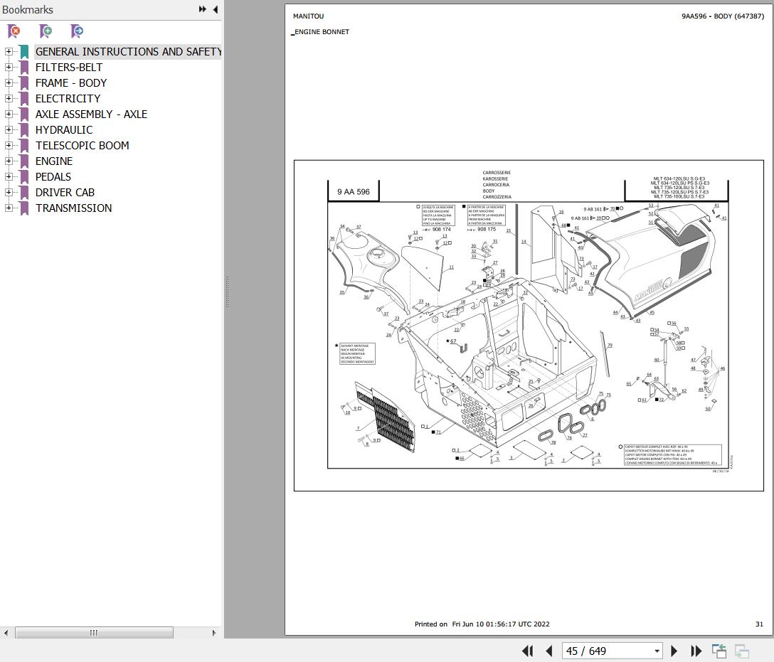 Manitou Telehandler MLT 735 120 LSU S7 E3 Parts Catalog 647387