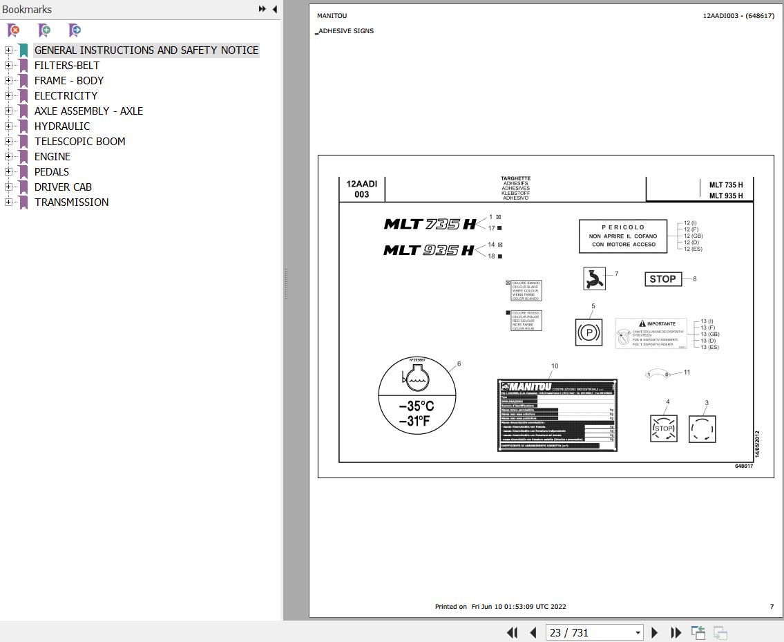 Manitou Telehandler MLT 735 H S2 E3 Parts Catalog 648617