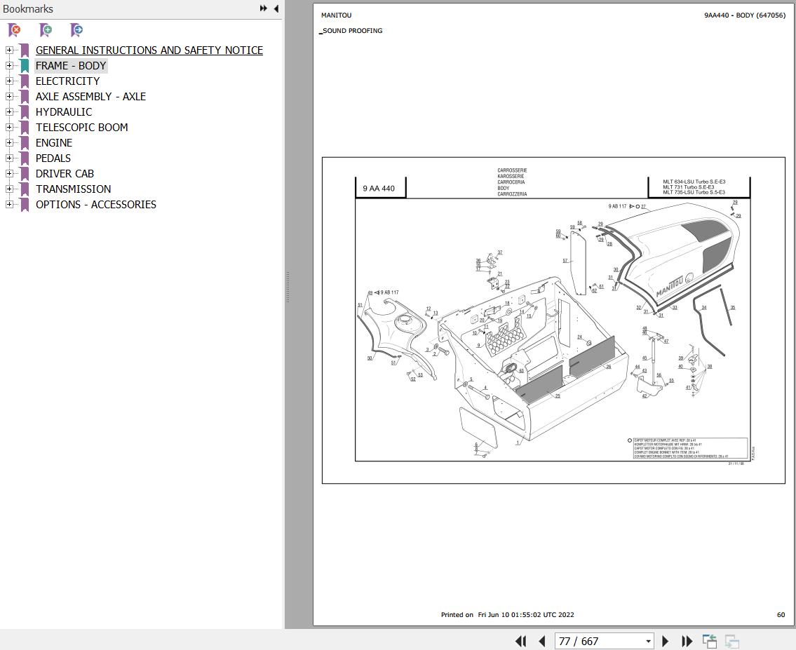 Manitou Telehandler MLT 735 TURBO LSU S5 E3 Parts Catalog 647056