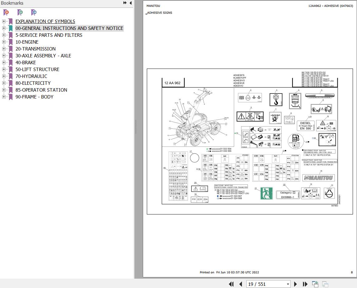 Manitou Telehandler MLT 737 130 PS D ST4 S2 Parts Catalog 647663