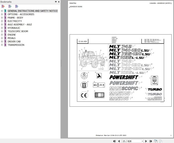 Manitou Telehandler MLT 741 120 LSU POWERSHIFT S3 E2 Parts Catalog 547971