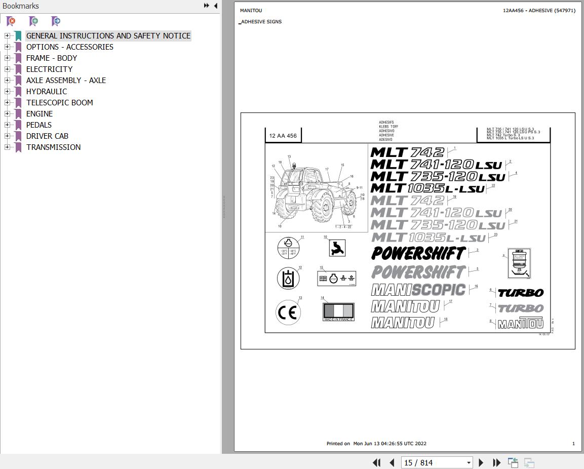 Manitou Telehandler MLT 741 120 LSU S3 E2 Parts Catalog 547971