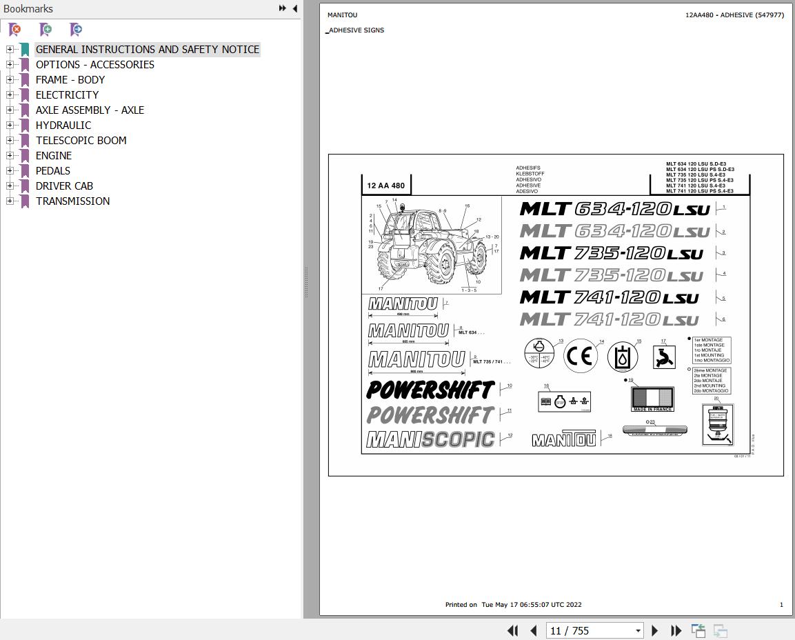 Manitou Telehandler MLT 741 120 LSU S4 E3 Parts Catalog 547977