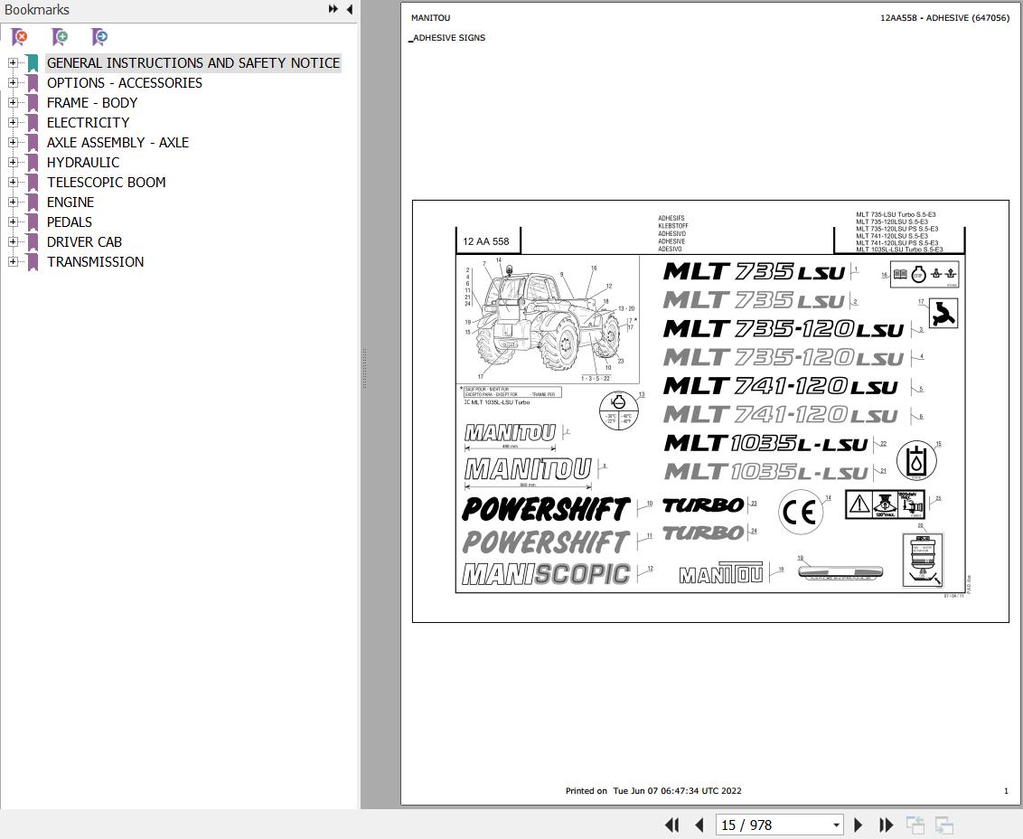 Manitou Telehandler MLT 741 120 LSU S5 E3 Parts Catalog 547977