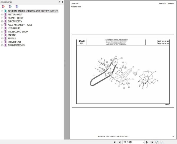 Manitou Telehandler MLT 741 H LSU S2 E3 Parts Catalog 648623