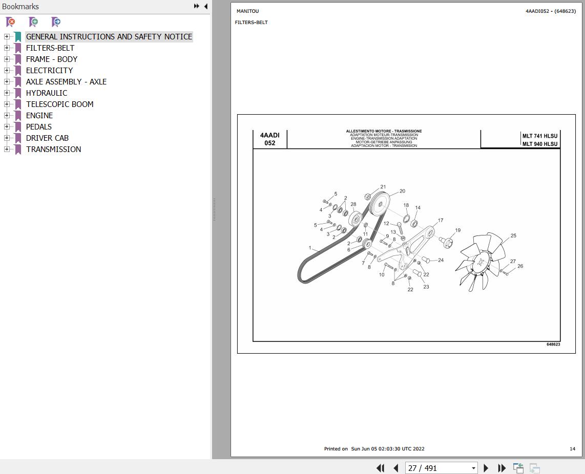 Manitou Telehandler MLT 741 H LSU S2 E3 Parts Catalog 648623