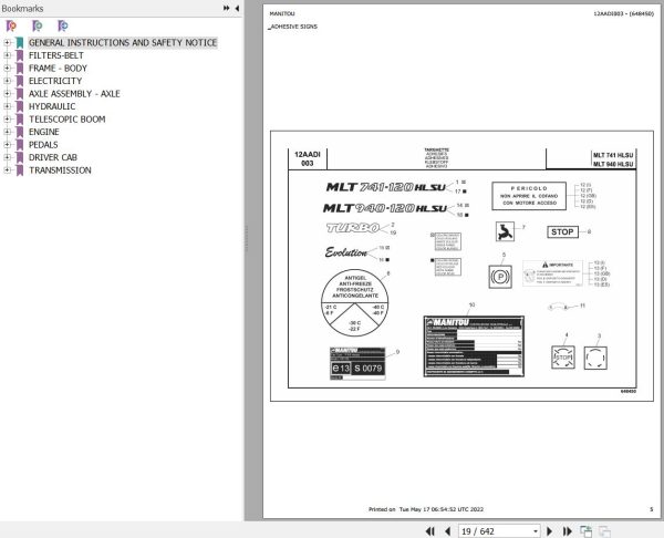 Manitou Telehandler MLT 741 H LSU TUV E3 Parts Catalog 648450