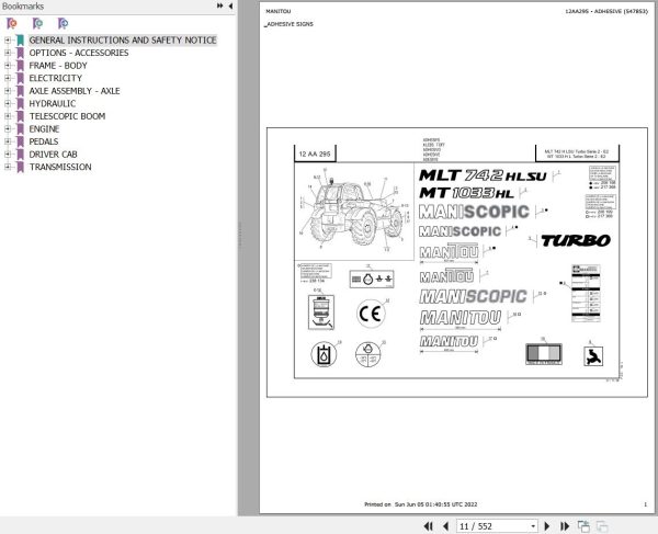 Manitou Telehandler MLT 742 H TURBO LSU S2 E2 Parts Catalog 547853