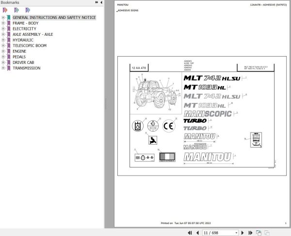 Manitou Telehandler MLT 742 H TURBO LSU S3 E2 Parts Catalog 547972