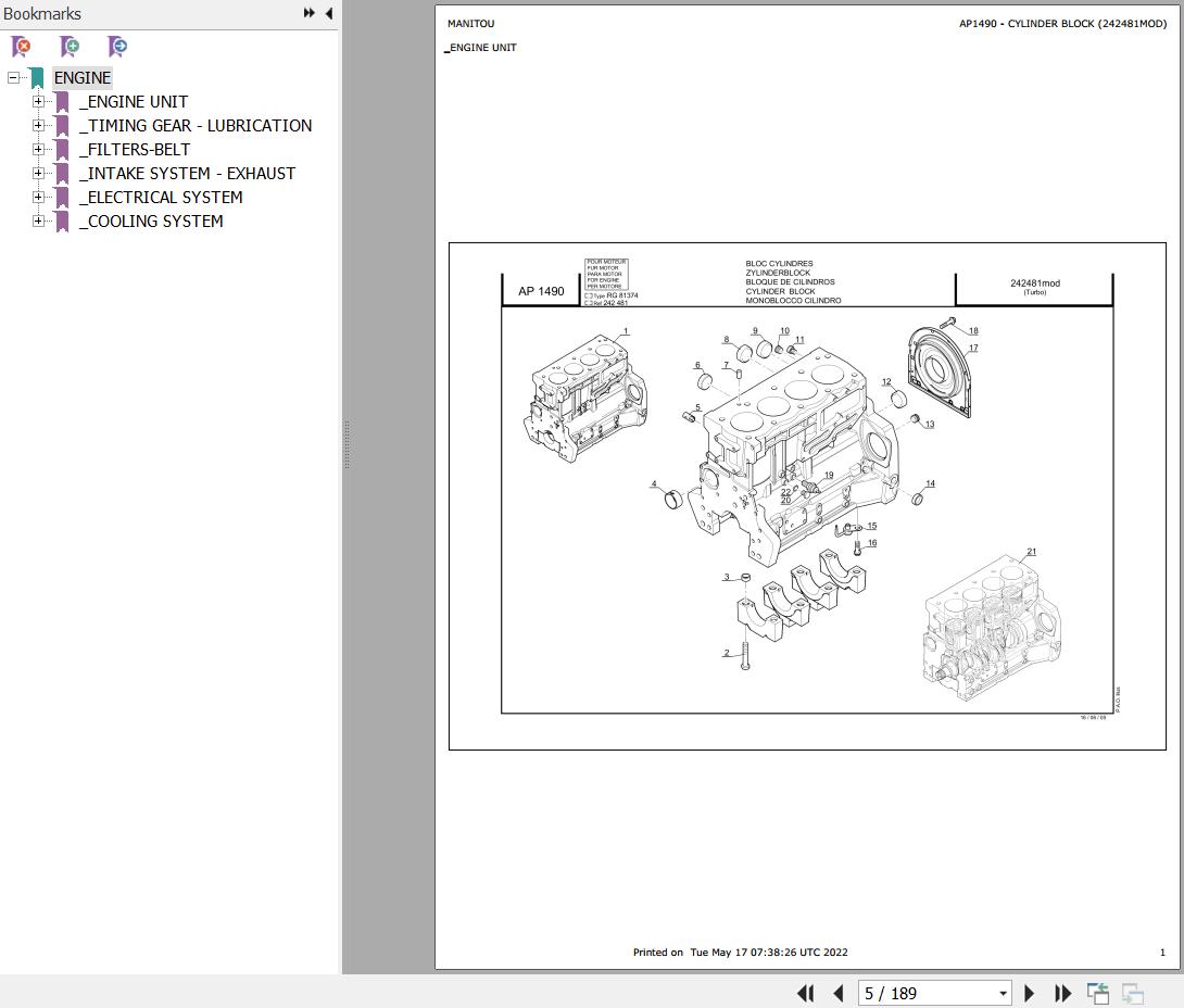 Manitou Telehandler MLT 742 TURBO S3 E3 Parts Catalog 242481MOD