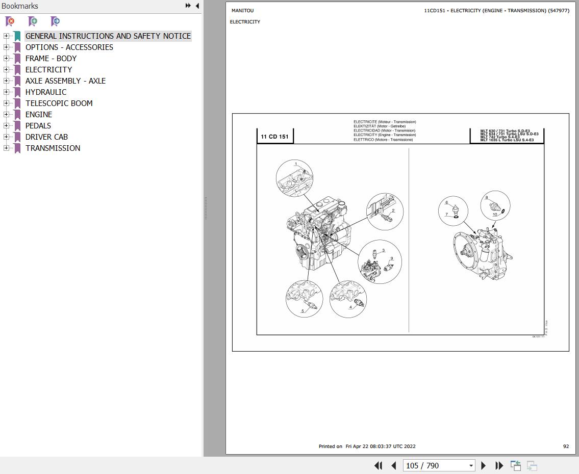 Manitou Telehandler MLT 742 TURBO S4 E3 Parts Catalog 547977
