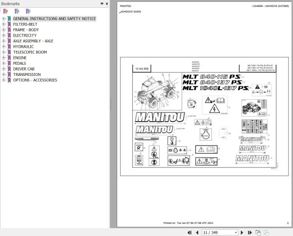 Manitou Telehandler MLT 840 115 PS JD ST4 S1 Parts Catalog 647509