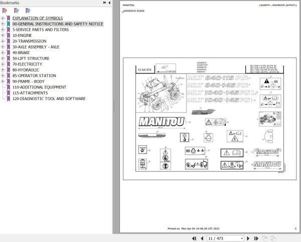 Manitou Telehandler MLT 840 115 PS JD ST4 S3 Parts Catalog 647671