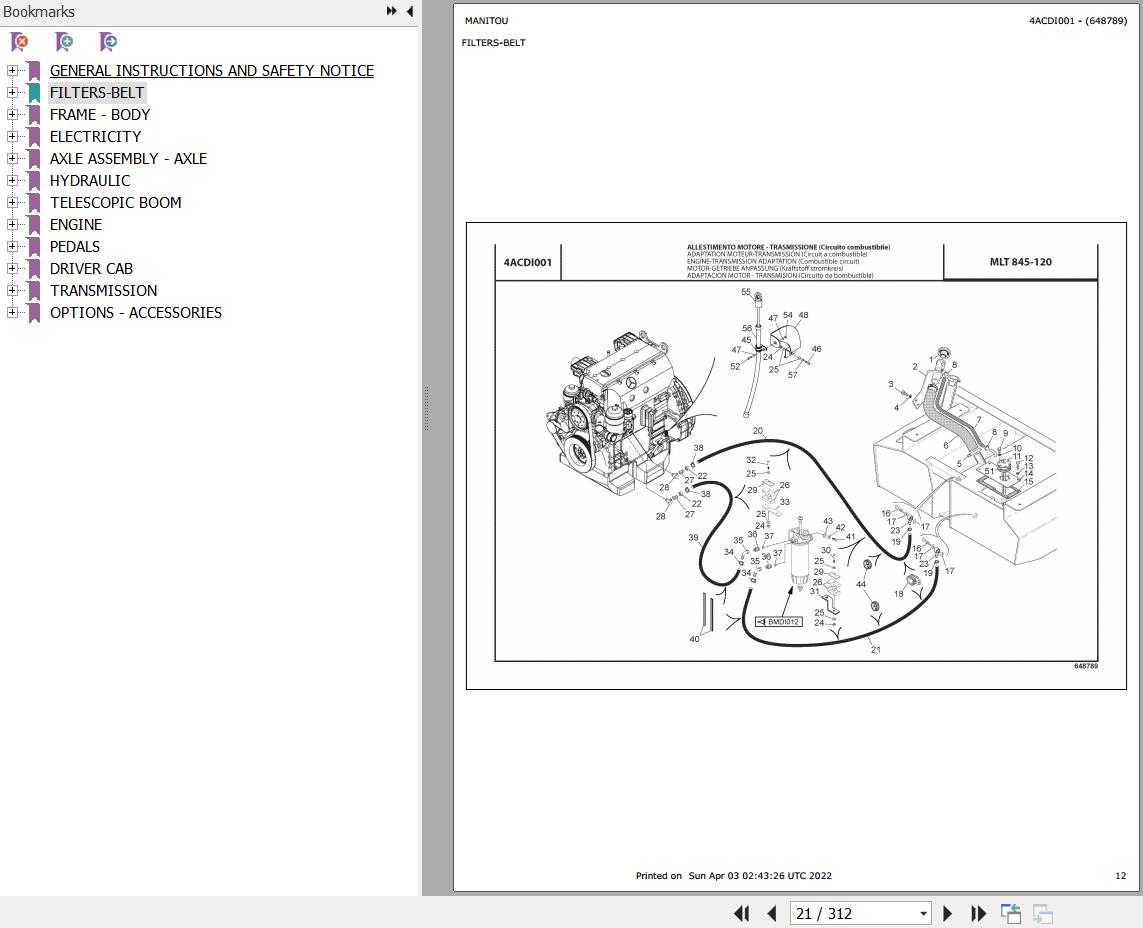 Manitou Telehandler MLT 845 120 E3 Parts Catalog 648789