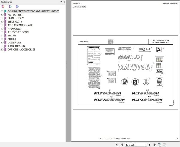Manitou Telehandler MLT 845 120 H S4 E3 Parts Catalog 648628