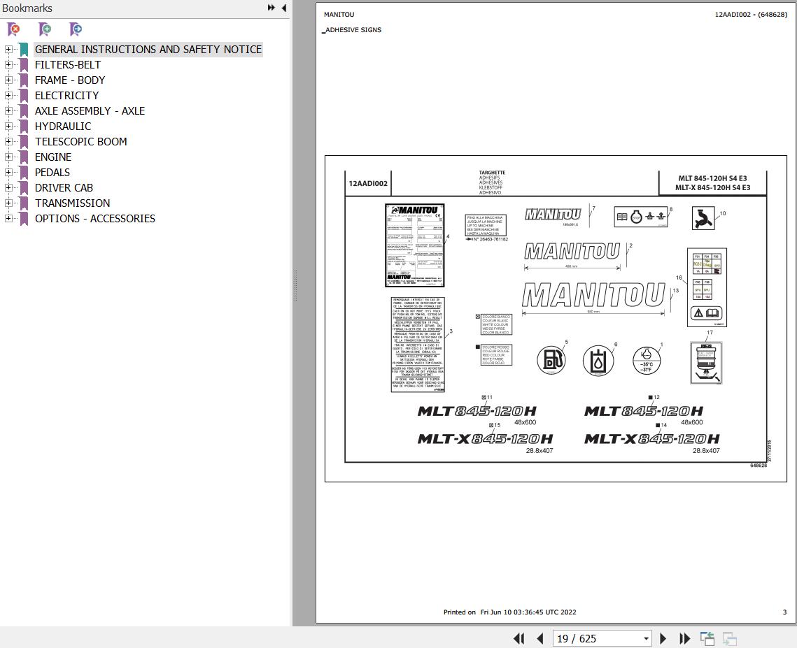 Manitou Telehandler MLT 845 120 H S4 E3 Parts Catalog 648628