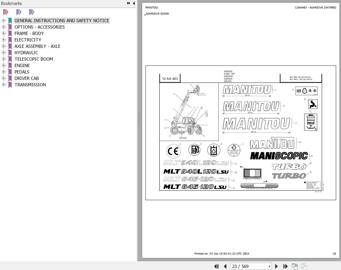 Manitou Telehandler MLT 845 120 LSU S3 E3 Parts Catalog 547980