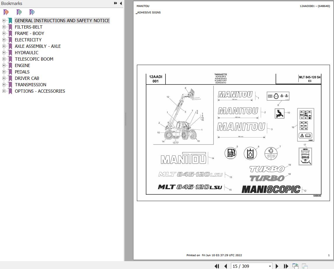Manitou Telehandler MLT 845 120 S4 E3 Parts Catalog 648640