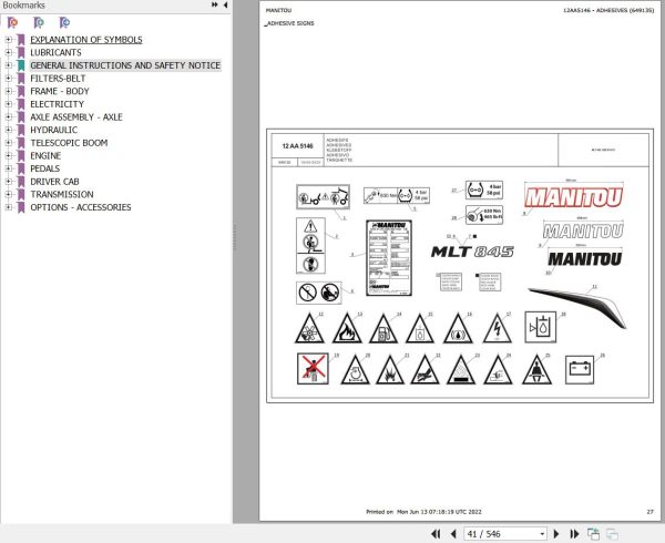 Manitou Telehandler MLT 845 120D ST4 S1 Parts Catalog 649135