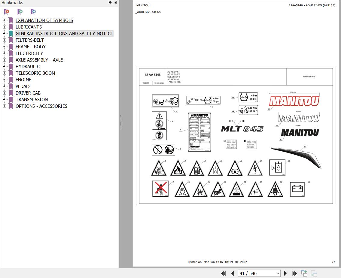 Manitou Telehandler MLT 845 120D ST4 S1 Parts Catalog 649135