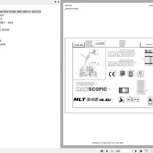 Manitou Telehandler MLT 845 H TURBO LSU S2 E2 Parts Catalog 547887