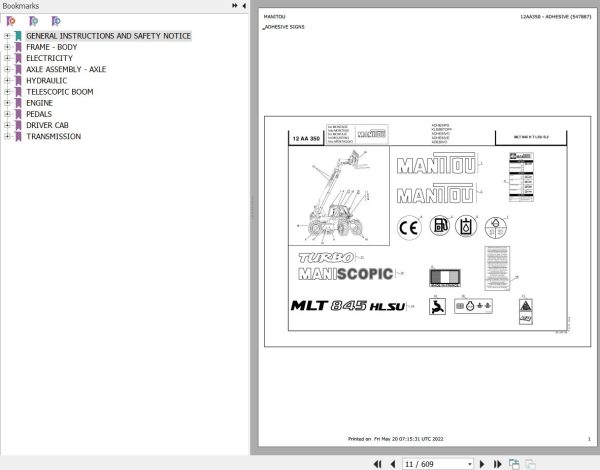 Manitou Telehandler MLT 845 H TURBO LSU S2 E2 Parts Catalog 547887