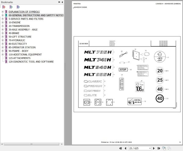 Manitou Telehandler MLT 935 100 H ST3B Parts Catalog 648834
