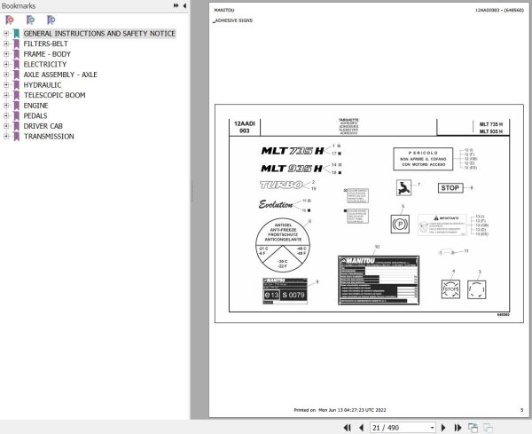 Manitou Telehandler MLT 935 H E3 Parts Catalog 648560